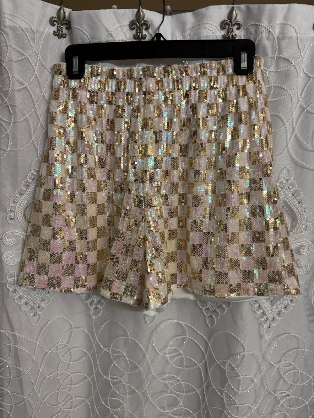 Checked Sequin High-Waist Shorts — Gold & Cream